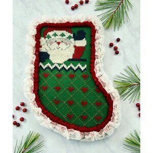 Cross Stitch Christmas Santa Stocking Holiday Decor Handmade Green Lace Trim